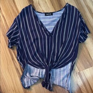 Fab'rik Blue and White Asymmetrical Tie Front Blouse